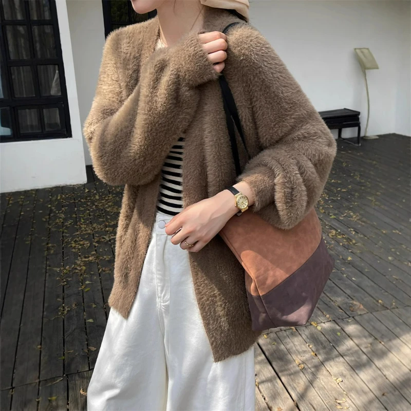 

Women Knit Sweater Solid Cardigan Loose Full Sleeve Spliced Jumper V Neck Casual Elegant Coat Knitted Outwear Autumn 2025