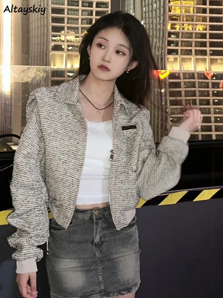 

Jackets Women Striped Zipper-up Vintage Streetwear All-match Casual Autumn Coats Trendy New Temperament Ulzzang Turn-down Collar