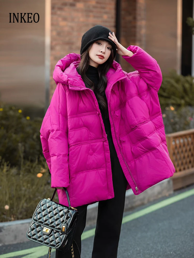 Streetwear Women's Bat sleeved down jacket with hooded solid color 2024 Winter Chinese style Oversize puffer coat warm DJ048