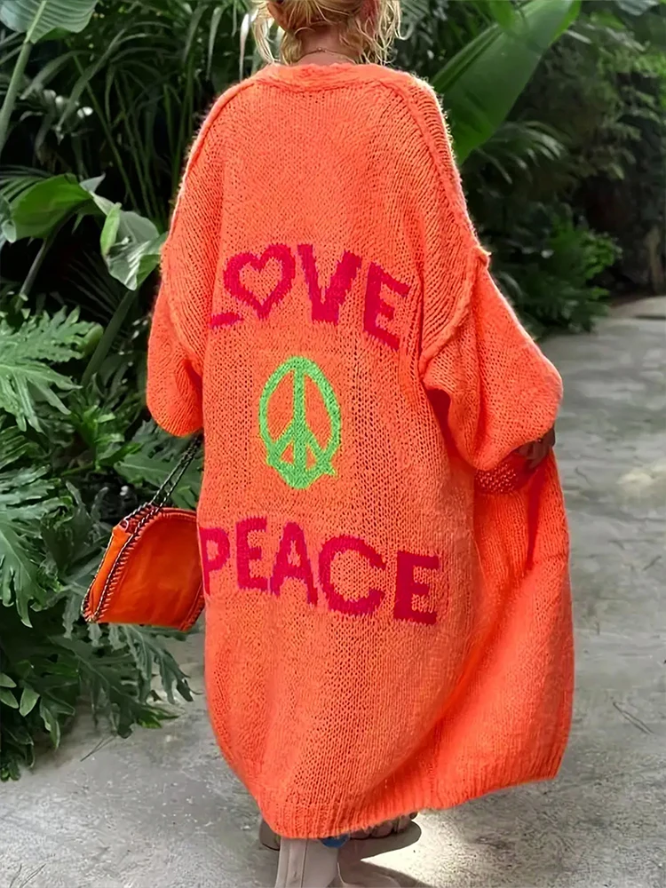 2025 Autumn/Winter New Arrival Women's Cardigan with Back Letter Pattern Long-Line Oversized Knit Sweater Casual Everyday Wear