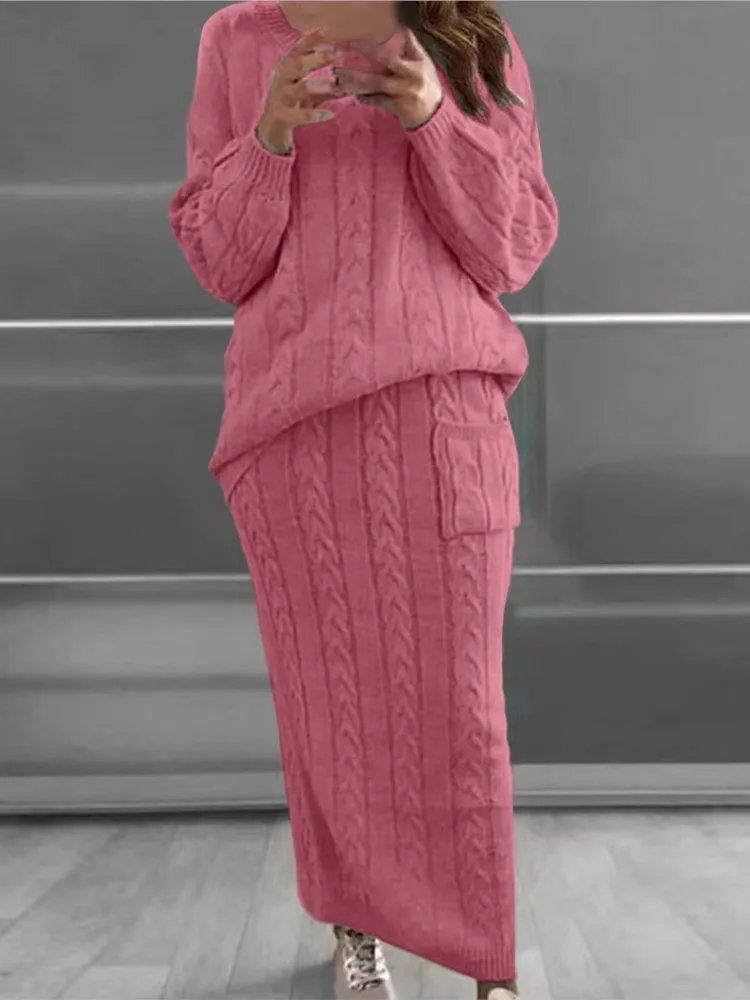 

Autumn And Winter Fashion Knitted Sweater Set Skirt Women's Long-sleeved Round-neck Sweater Casual Pocket Skirt Two-piece Set