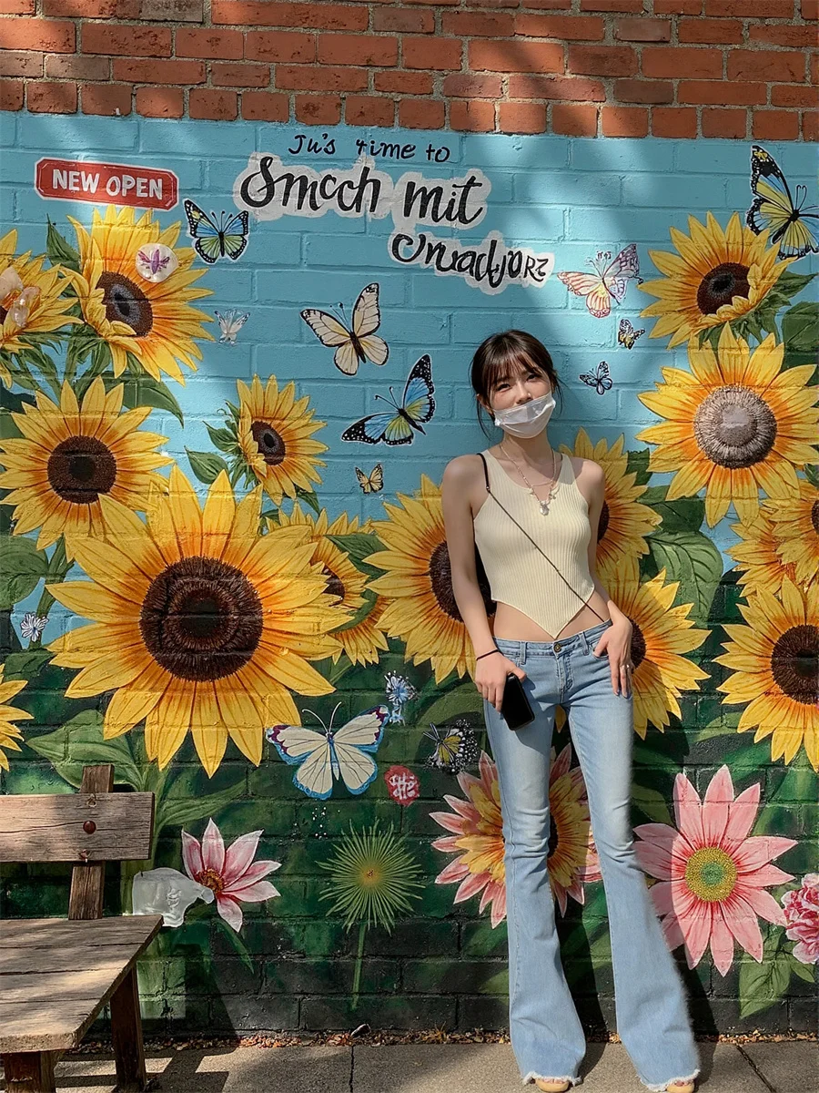 

Женские расклешенные джинсы с низкой посадкой, синие потертые винтажные джинсовые женские мешковатые свободные брюки в стиле Y2K, повседневная модная уличная одежда в Корейском стиле