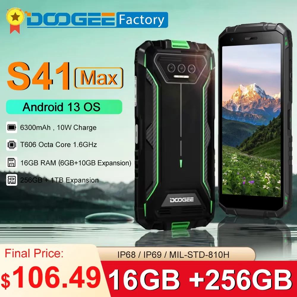 Глобальная версия DOOGEE S41 Max, защищенный смартфон с процессором Helio G99, тройной камерой 13 МП с искусственным интеллектом, 16 ГБ (6 ГБ + 10 ГБ) + 256 ГБ памяти, аккумулятором 6300 мАч, поддержкой 4G и операционн