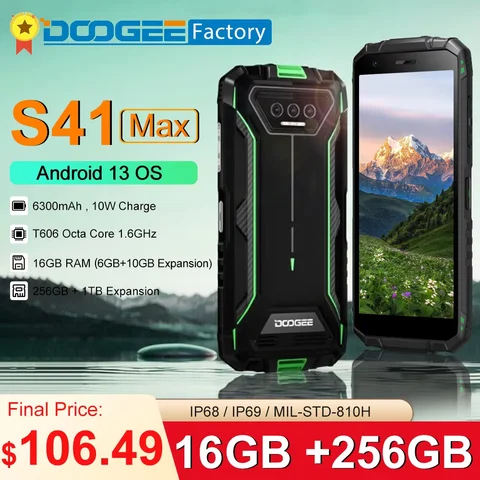 Global version DOOGEE S41 Max Rugged Phone Helio G99 13MP AI Triple Camera 16GB(6GB+10GB)+256GB 6300mAh 4G Android 13 Smartphone