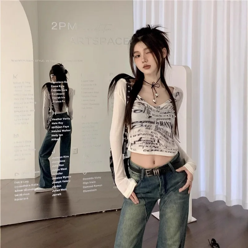 تي شيرت American Spice Girl بأكمام طويلة تي شيرت نسائي صغير للربيع والصيف مع قميص أساسي بتصميم نحيف مع قطع علوية قصيرة قصيرة #1