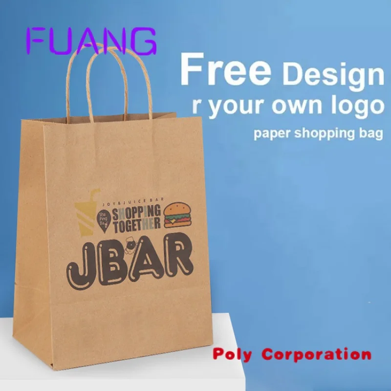 Custom  Custom brown kraft paper bag with handle, eco friendly flat handle food delivery bag, restaurant takeout takeaway bag fo