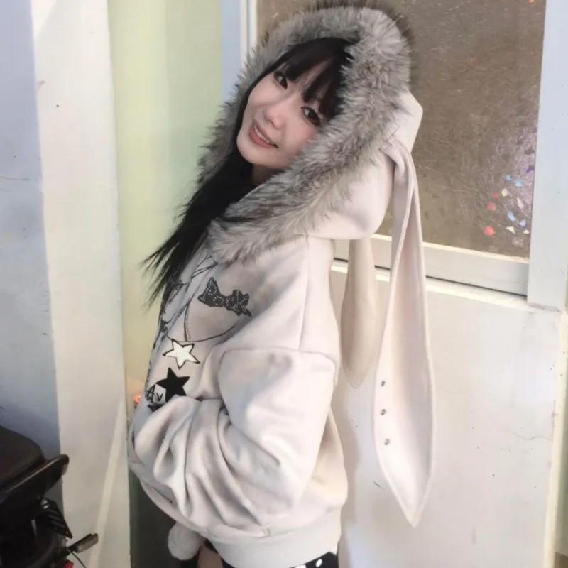 

​​Women's Bunny Ear Zip-up Hoodie with Fluffy Trim & Goth Graphic Print, Y2K Oversized Streetwear Jacket for Casual Cozy Style​​