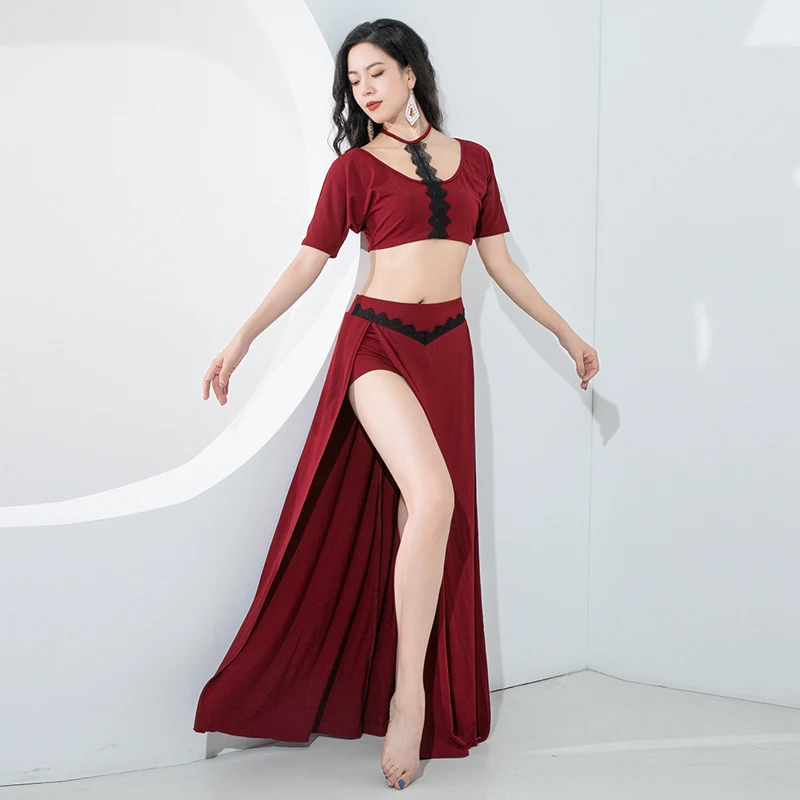 

Belly Dance Professional Suit for Women Mesh Short Sleeves Top+sexy Split Long Skirt 2pcs Girl's Oriental Belly Dancing Suit