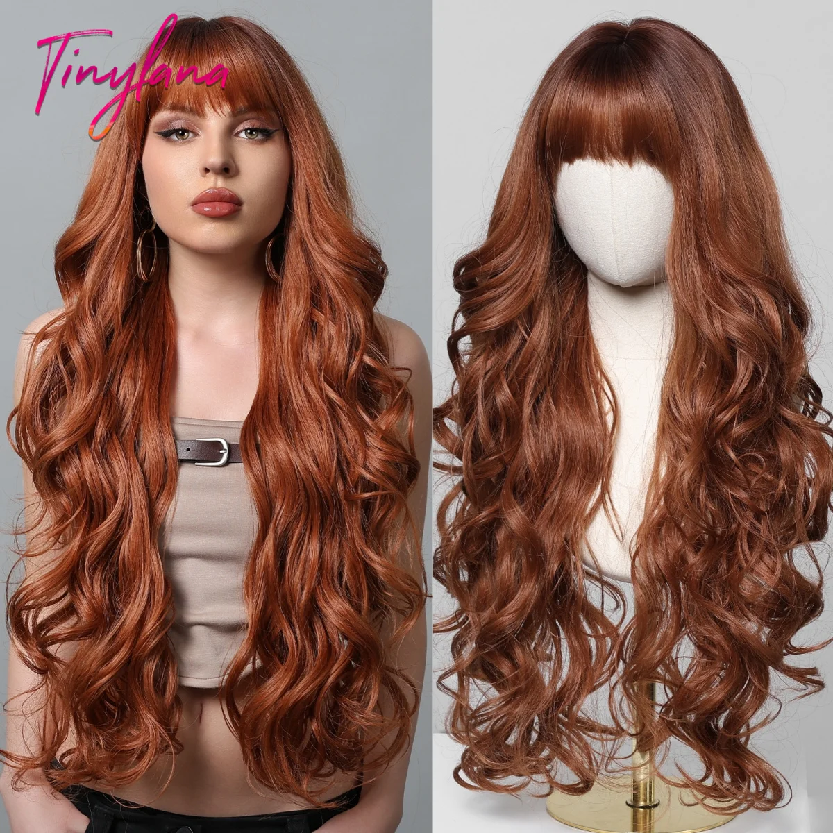 Super Long Wavy Red Brown Synthetic Wigs with Bangs for Women Copper Ginger Water Wave Cosplay Wigs Heat Resistant Natural Hair