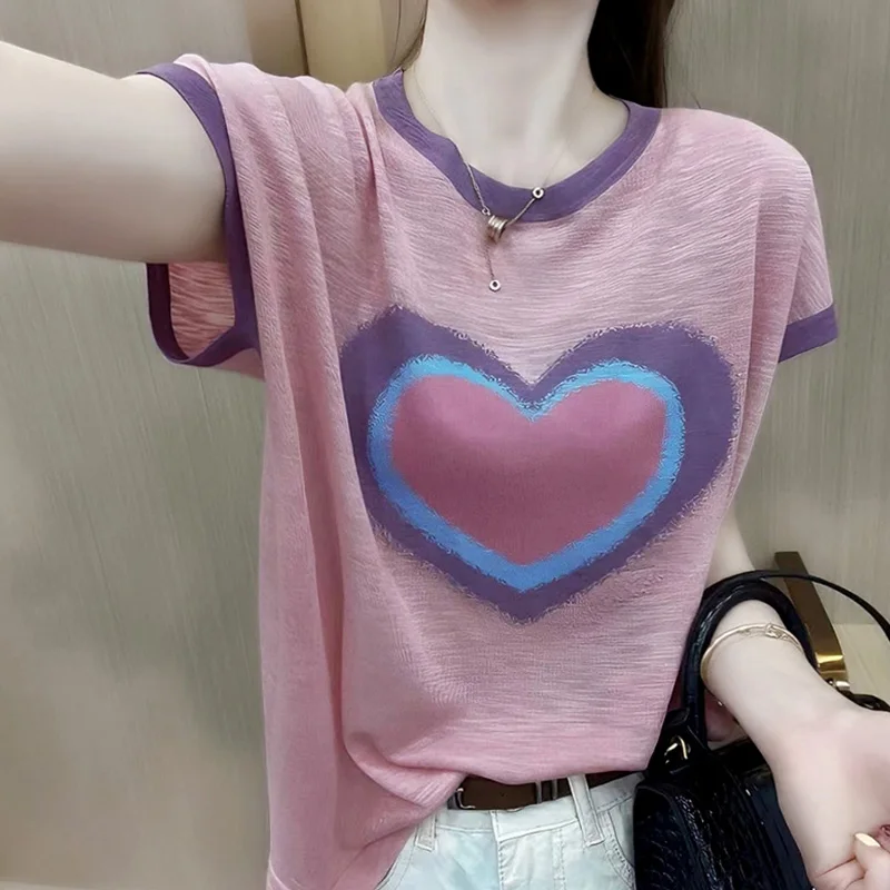 

Loose Ice Silk Short Sleeve Knitted T-Shirt Women's Summer Fashion plus Size Casual Comfortable Breathable Color Top
