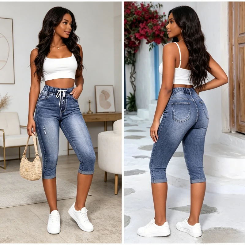 

Hole Jeans Women Calf Length Pants Denim Fit High Waist Drawstring Pockets Vintage Pencil Trousers 2026 Streetwear Denims