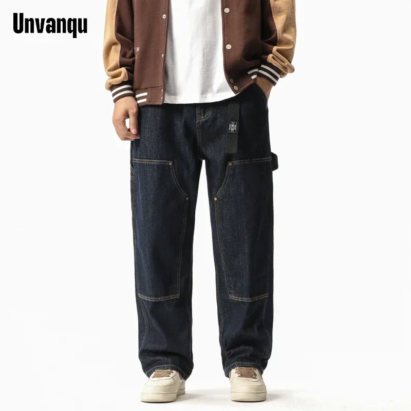 UNVANQU 2023 New Chic Harem Spring Autumn Line Streetwear Trouser Men\'s Clothing Jogger Cargo Ankle Length Denim Pants Y2K Jeans