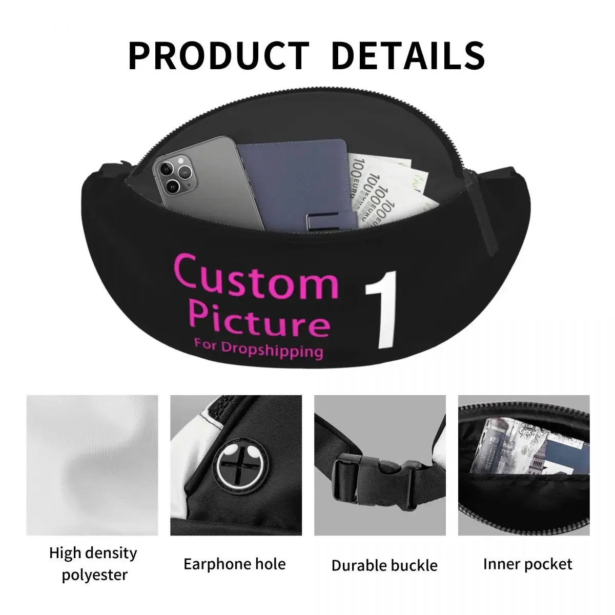 Homens e mulheres Custom Your Photo Logo Fanny Pack, Crossbody Saco da cintura, Phone Money Pouch, Ciclismo, Camping, personalizado DIY Print