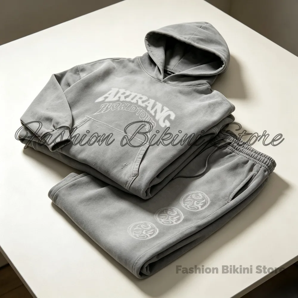 NEW Washed Grey Retro Hoodie 3D Embroidery ARIRANG Number 26 Hooded Jacket V Neck Sweatshirt Casual Streetwear Outerwear view 3
