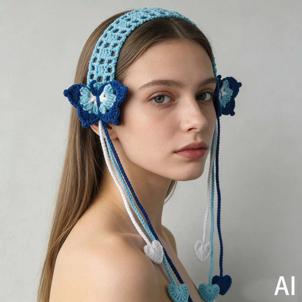 عصابة رأس على شكل فراشة زرقاء كروشيه مع رباط شعر بشراشيب الحب للنساء والفتيات وإكسسوارات الشعر المصنوعة يدويًا #1
