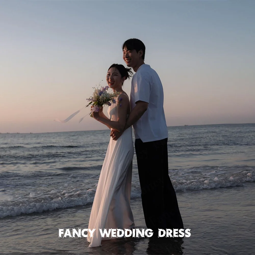 Vestido de novia coreano sencillo y elegante con cuello redondo, vestido de novia sin mangas de satén suave, vestido de noche de satén elástico personalizado