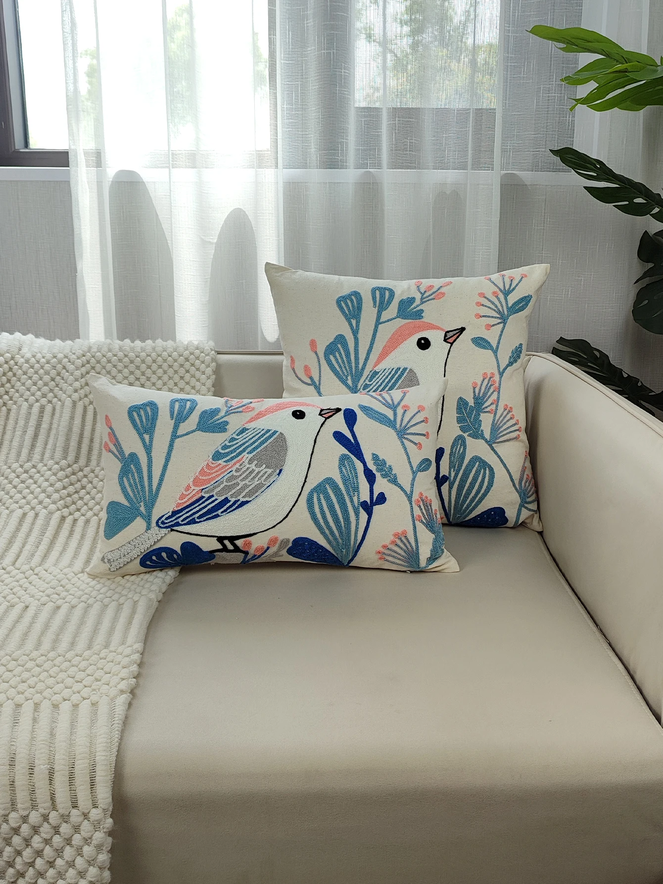1pc, Cushion Cover Decorative Pillow Case Birds Flora Luxury Embroidery Coussin Home Sofa Decor