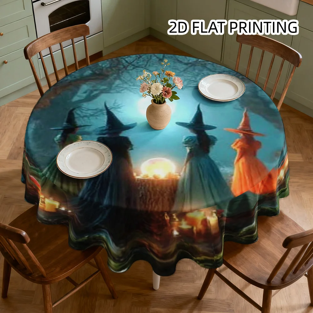 A round tablecloth, featuring a design of a vibrant and mysterious witch gathering under the moonlight.zyc