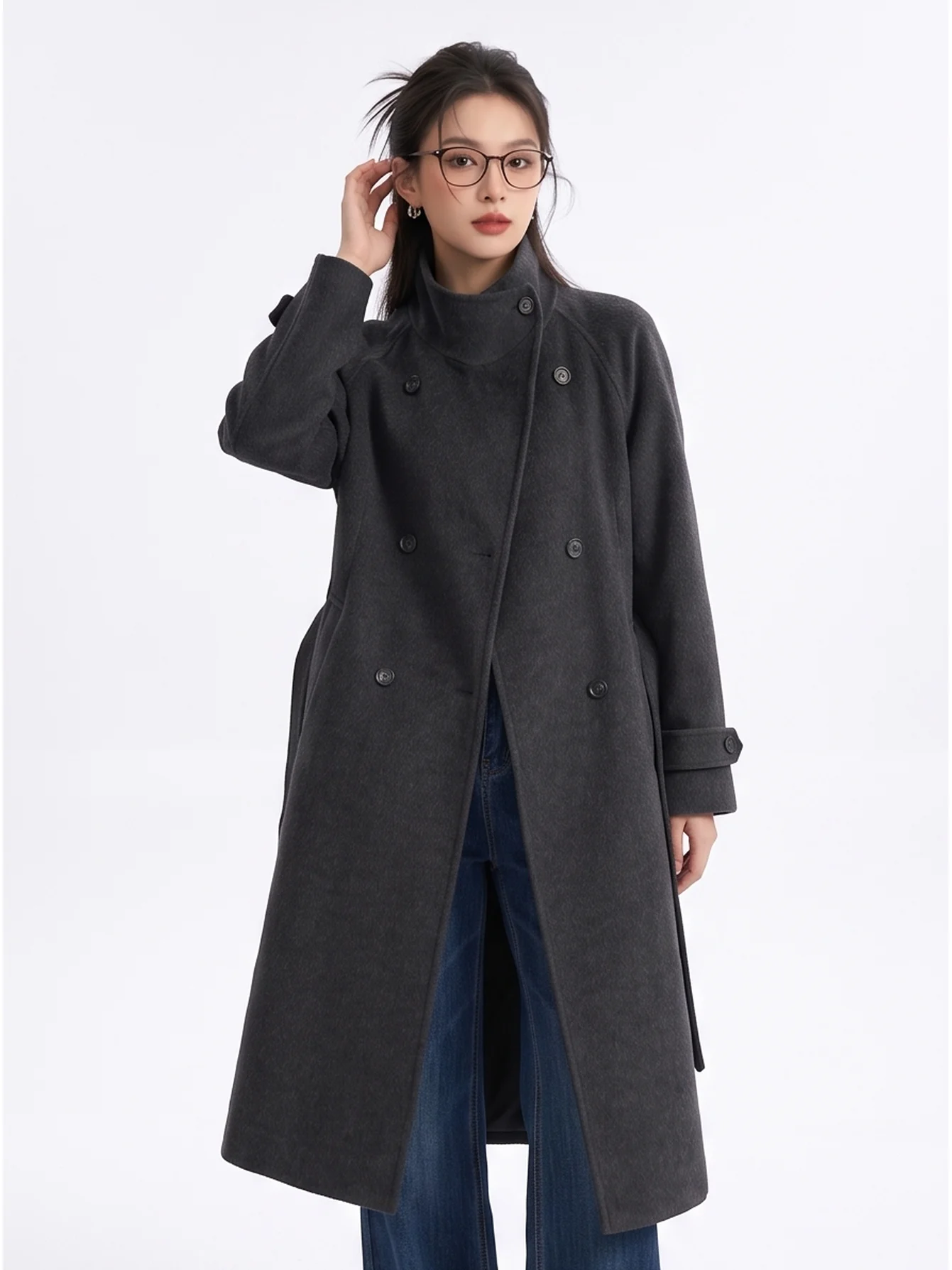 Korean Style Double-Sided Woolen Coat Long Stand Collar Double-Breasted Slimming Outerwear for Women Warmth Guaranteed