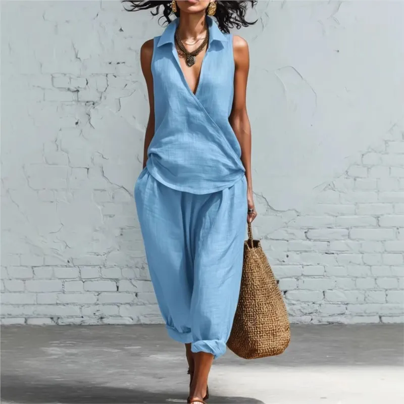 

Summer New Casual Sleeveless Women Loose Vest Wide Leg Pants Suit Women Fashion Beach Holiday Two Piece Set Comfortable Set
