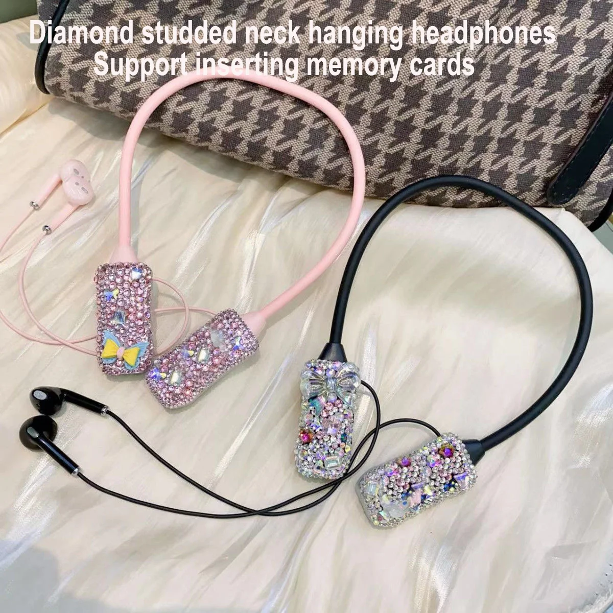 

Sparkling Diamond Neckband Bluetooth Headphones Support Memory Card Playback Girls Wireless Earphones Half In Ear Style Earbuds