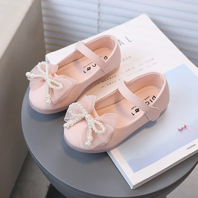

Girls Leather Shoes Versatile Kids Flat Shoes with Sweet Beading Lace Bows 2025 Autumn New Children Princess Shoes Korean Style