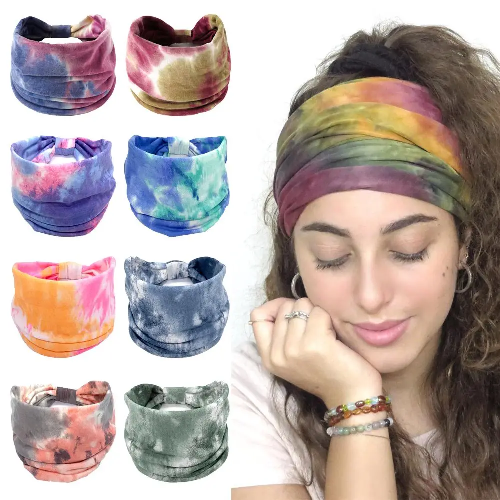 Hair Scarfs Boho for Women Girls Criss Cross Yoga Twist Headbands Sport Head Wraps Tie Dye Turban Wide Knotted Headbands