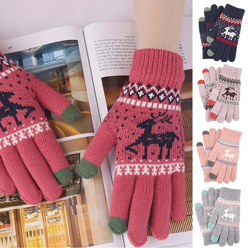 New Fashion Knitted Thick Gloves For Men & Women Christmas Deer Printed Warm Autumn Winter Full finger Gloves 2 Style 6 Color