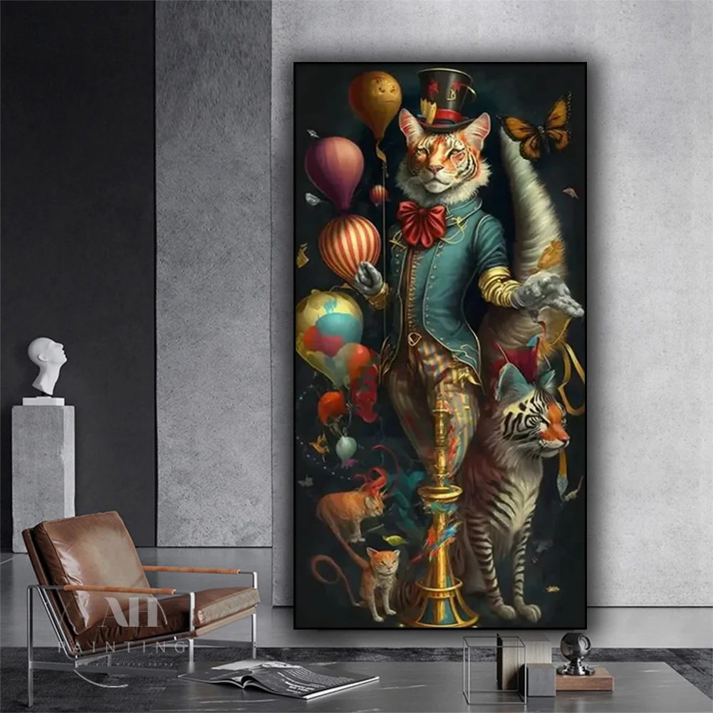 Large Size Big Circus Tiger Cat with Clown Ballon Diamond Painting New 2024 Diy Cross Stitch Kits Full Square Round Diamond Art