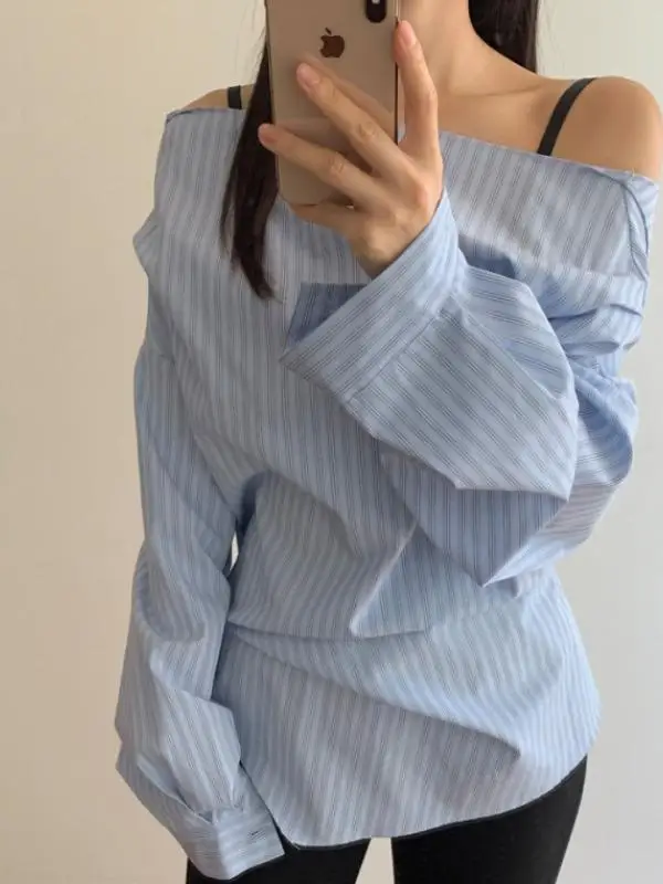 

Slimming Long Sve Striped irt Women's One-oulder Belted Waist Cinching Versatile T Top Trendy Commute Sle Cotton...