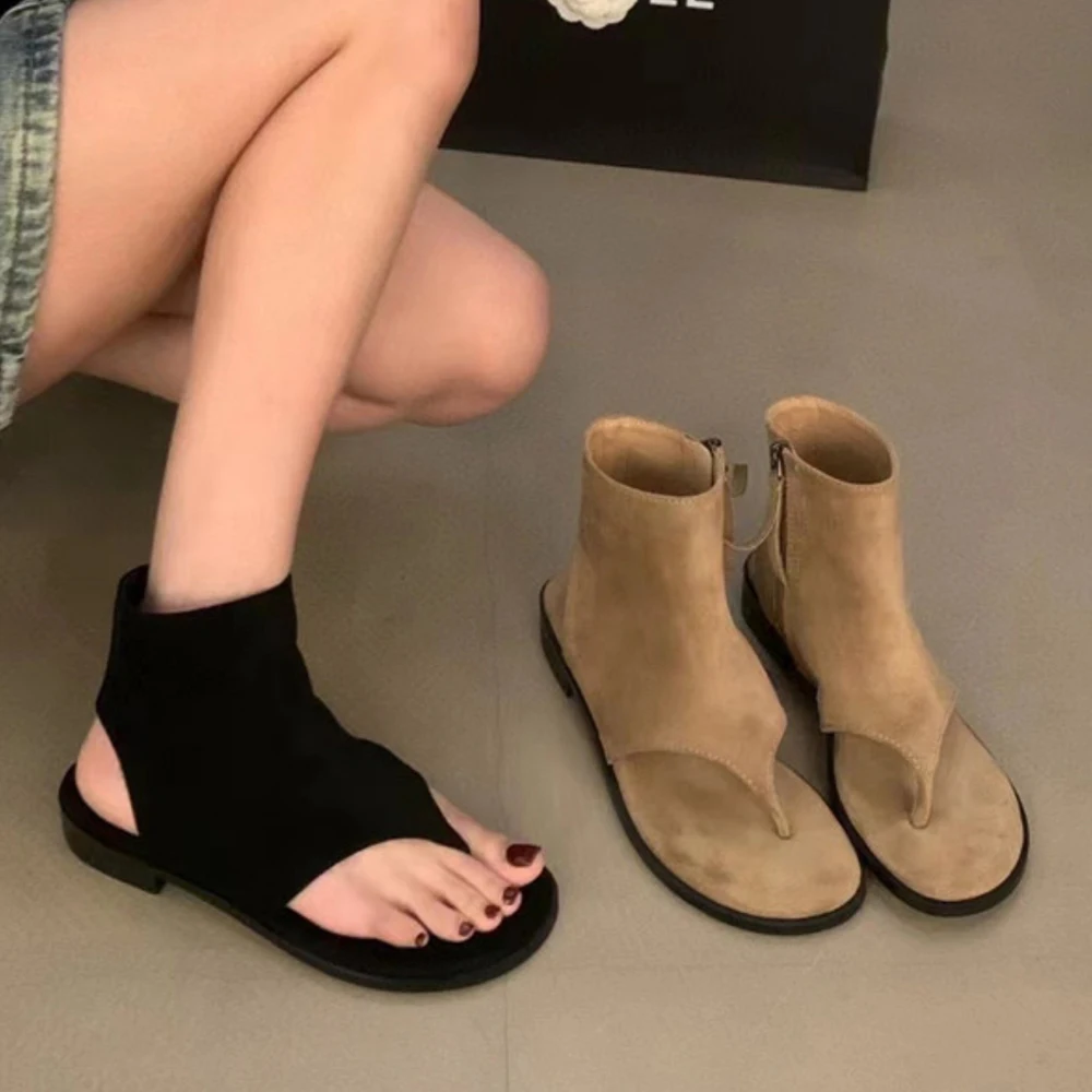 Women Low Block Heel Sandal Booties Peep Toe Side Zipper Sandals Slingback Ankle Boots Open Toe Pleated Cute Casual Sandals