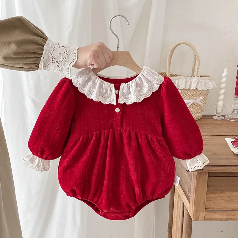 2025 New Autumn Christmas Toddler Baby Girls Romper Long Sleeved Cotton Splicing Infant Baby Jumpsuit 0-24M Children Clothes
