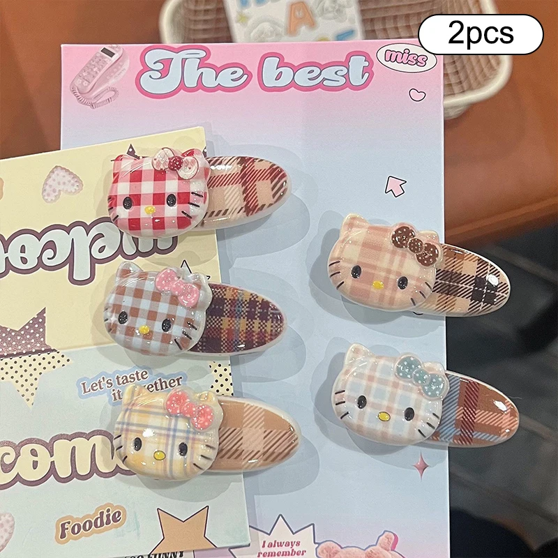 2Pcs Sanrio Plaid Hello Kitty Hair Clip Cute Side Clip Sweet Broken Hair Clip For Women Girls Versatile Bangs Hair Clip Gifts