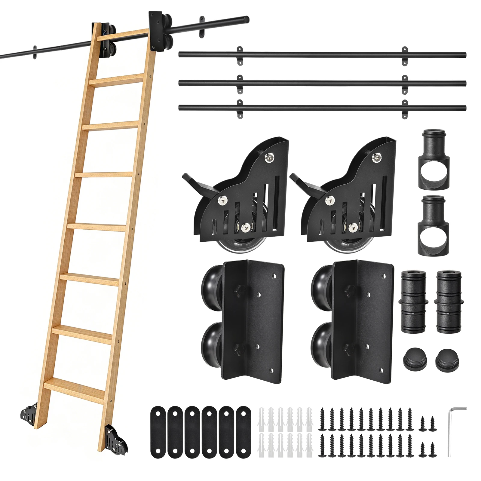 

10FT Rolling Ladder Hardware Kit for Closet Kitchen Library Loft, 350 Lbs Heavy Duty Carbon Steel Sliding Tracks, Smooth Wheels Rail System Industrial Shelf Ladder Hardware for Attic Bookshelf, Ladder Not Included