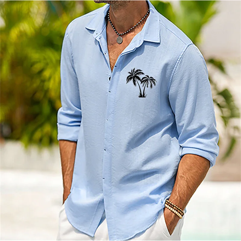 

5 Colors Men's Shirt Coconut Tree Printing Lapel Button Shirt Outdoor Street Long Sleeve Clothing Fashion Designer Casual Tops