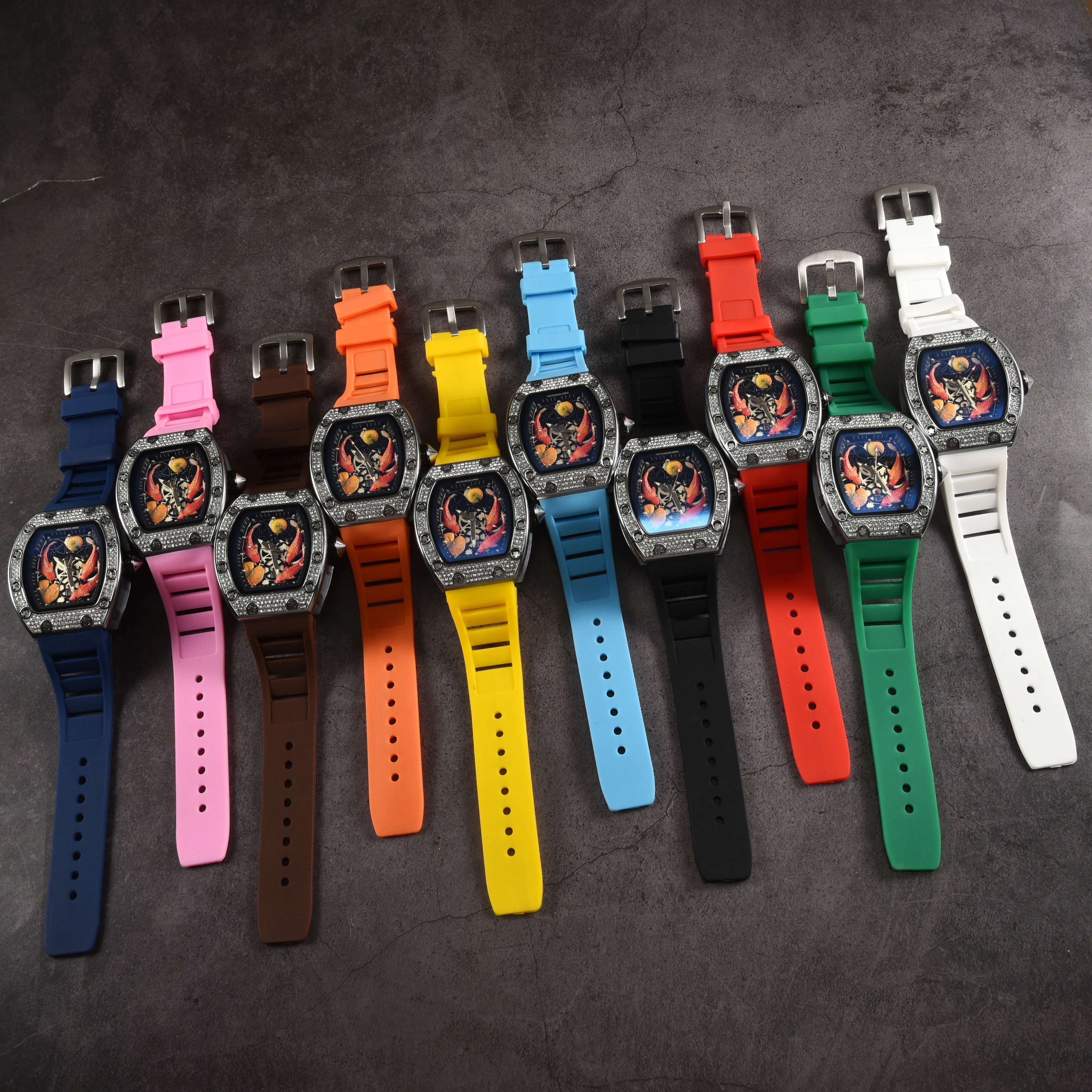 Diamond Barrel shaped colorful Three carp Multifunction functional Watch Silver quartz Watch Waterproof wholesale