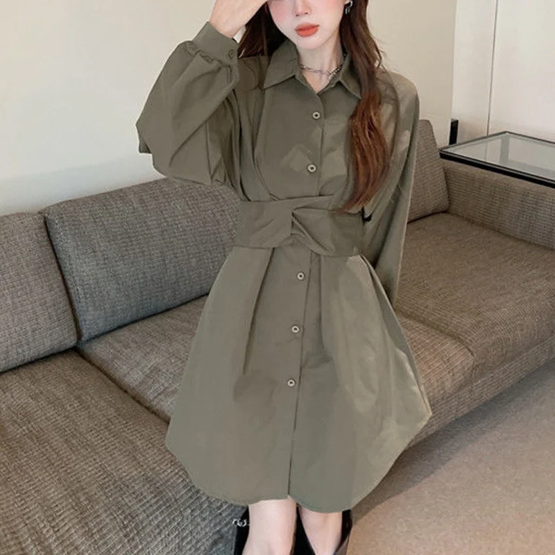 Spring Autumn Solid Color Turn-down Collar Long Sleeve Midi Dress Women High Street Casual Button Patchwork Lacing Bow Vestidos