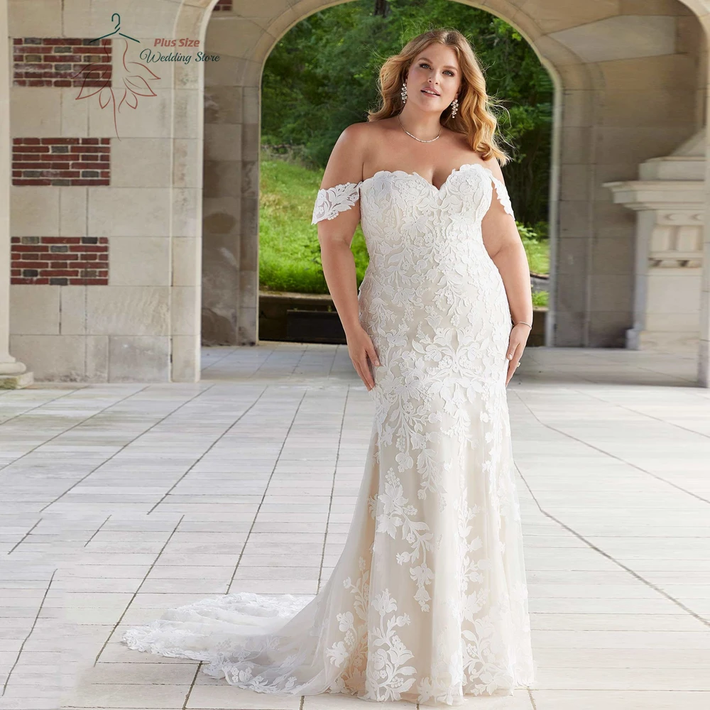 

Off Shoulder Wedding Dresses Plus Size Sweetheart Neck Bride Gowns Appliques Sweep Train Wedding Gowns Mermaid Vestido De Noiva