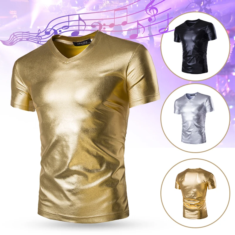 Men Shiny Metallic Classic V Neck T Shirt Nightclub Stage Tshirt  Short Sleeve Blouses Men Hip Hop Streetwear Slim Fit Tops