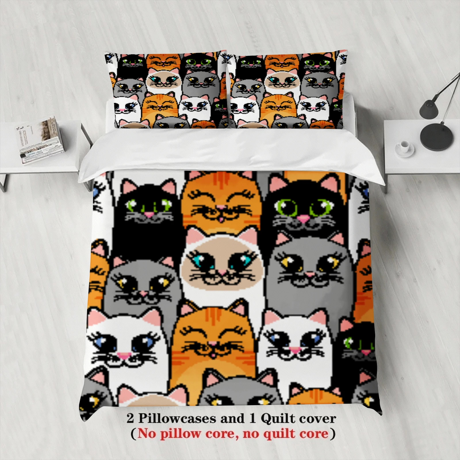 Cute Cat Face Bedding Sets Comforter Not Included Cartoon Animal 3D Printed 3pcs 100% Polyester Duvet Cover With 2 Pillowcases