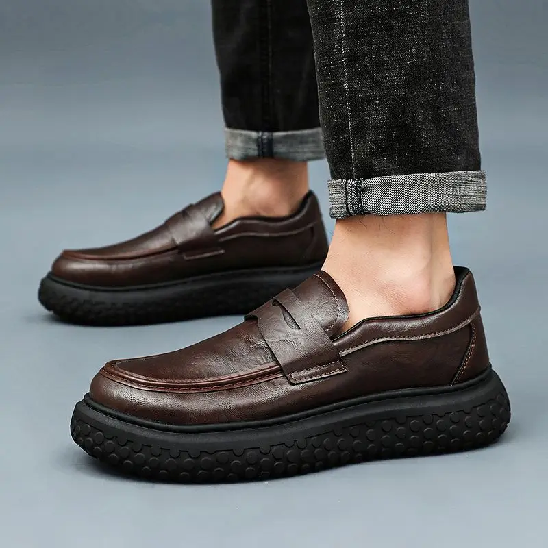 2026 New Men's Loafers Soft Leather Height Increasing Thick Sole Slip on Casual Business Shoes Autumn view 6