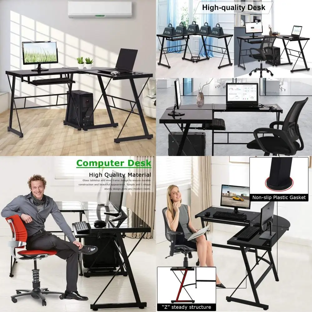 

L-Shaped Glass Computer Desk with Keyboard Tray and CPU Holder for Home Office Gaming