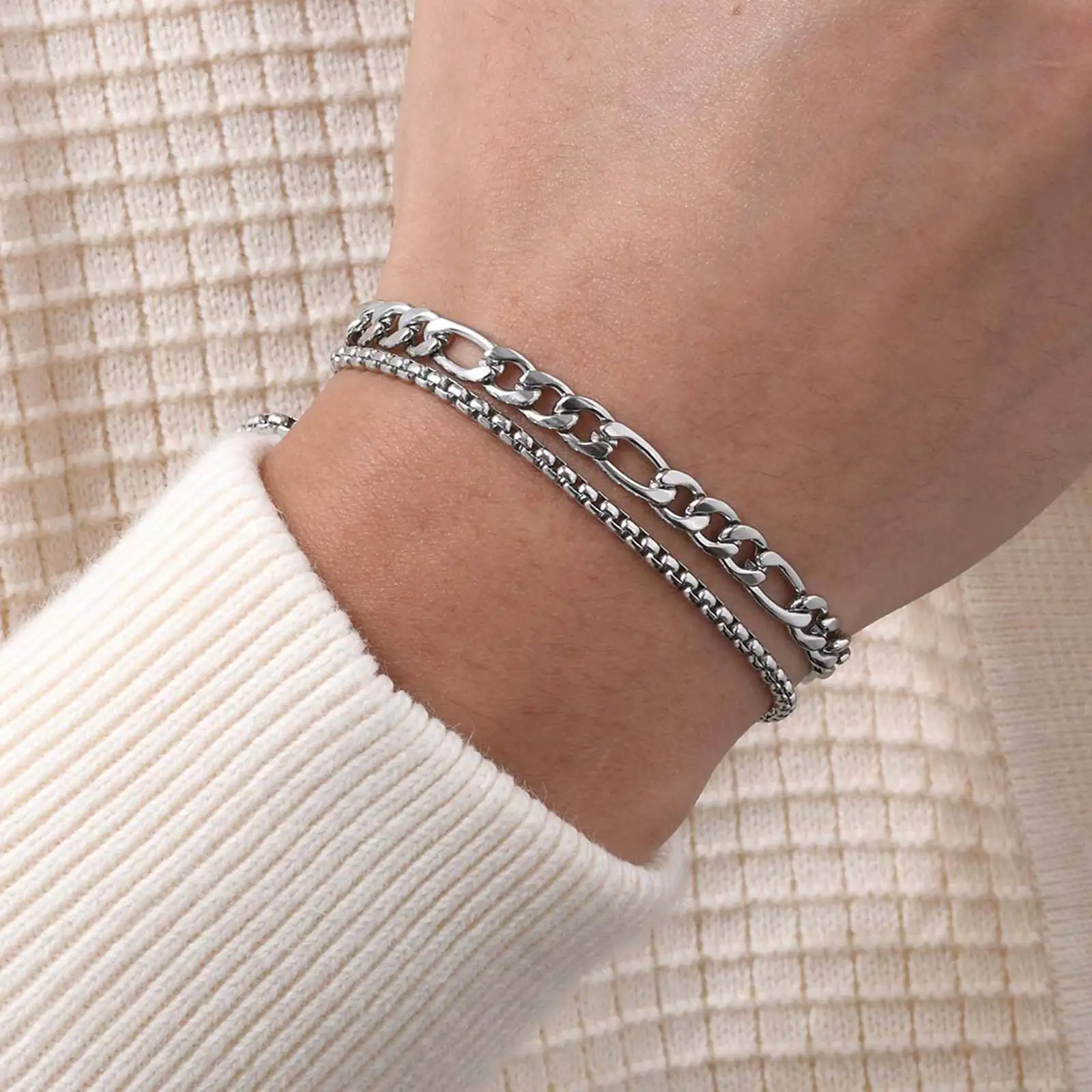 Mens Set Bracelets, Waterproof Stainless Steel Box Chain & Cuban Link Wristband,Stylish Jewelry Gifts