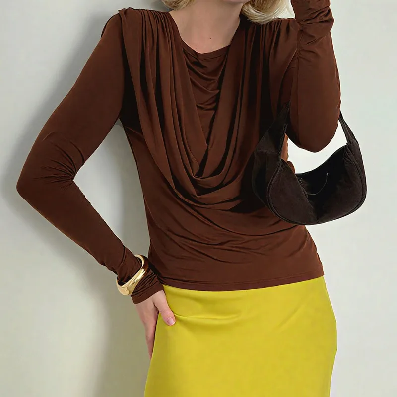 

Talenza Autumn T-shirt Fashion Pleated Solid Long Sleeve T-Shirt High Street Casual Sexy New Vintage Women T-Shirt Tops Outfits