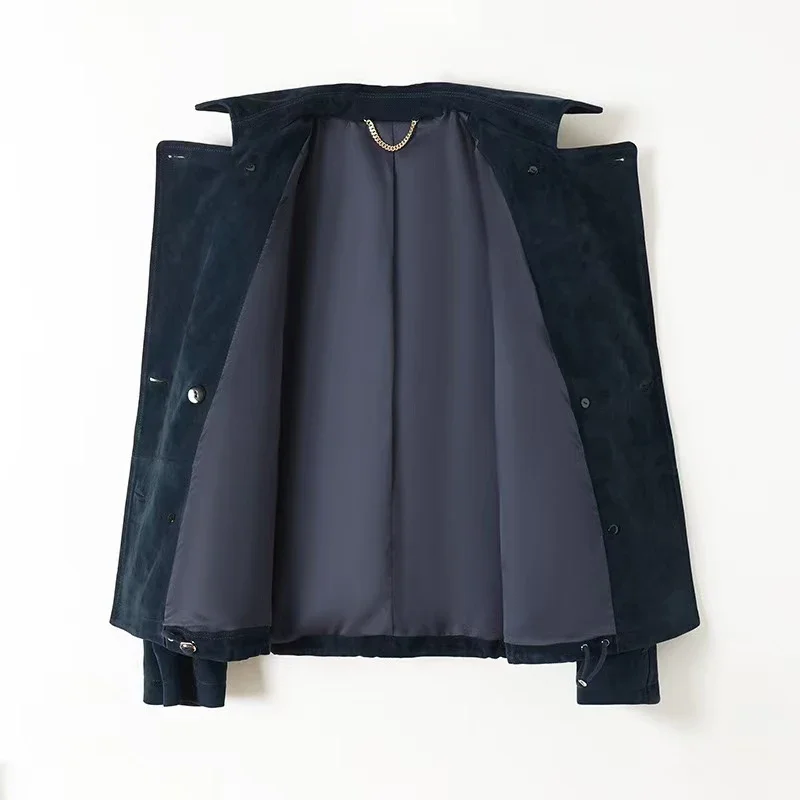 Suede Leather Jacket for Women Branded New 2025 Old Money Double Breasted Short Jacket Femme Big Lapel Epaulet Trench Coa