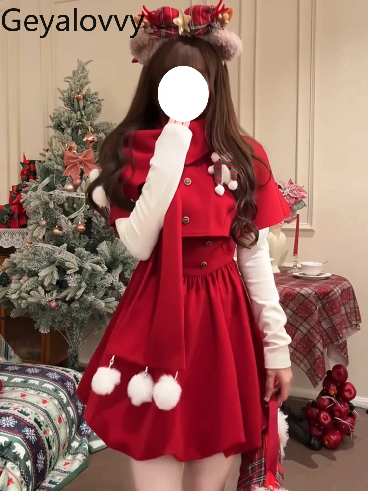 

Christmas Party Cape Shawl Suit Sweet Autumn Winter New Red Waist-Cinching Strap Short Dress and Base Shirt Shawl 3-Piece Set