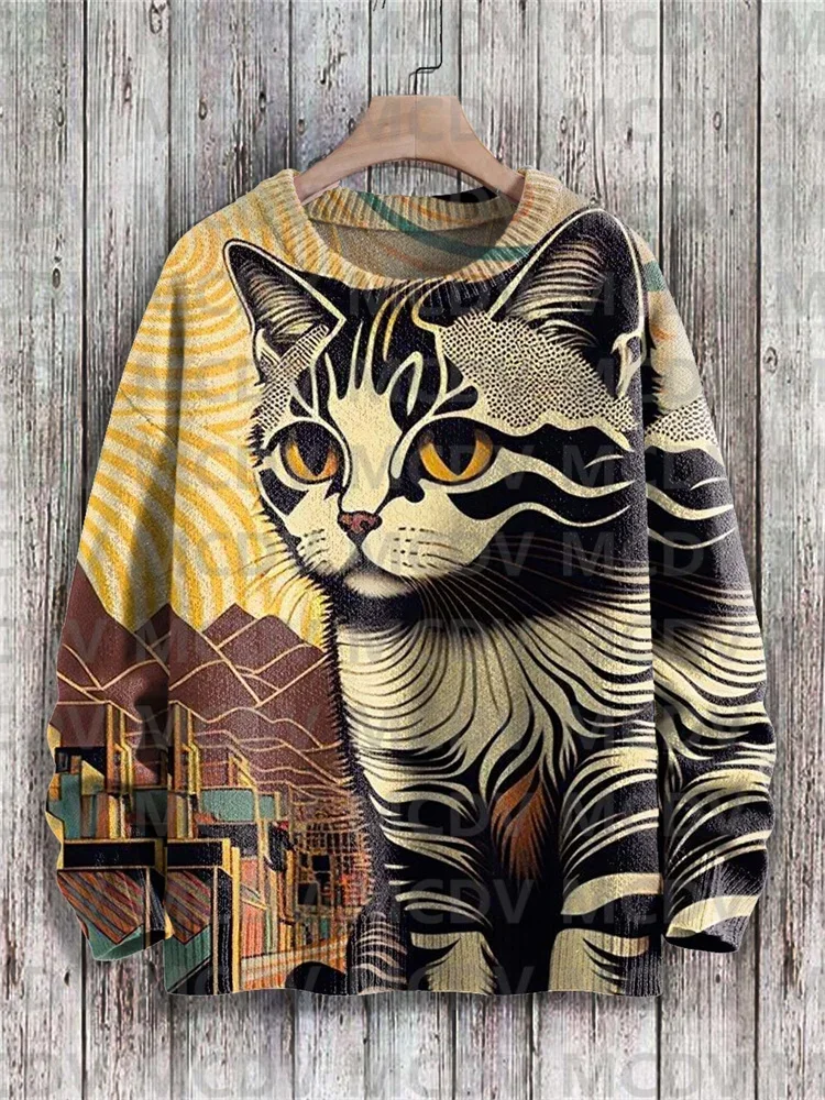 Jersey de punto con estampado de arte Floral de gato para hombre y mujer