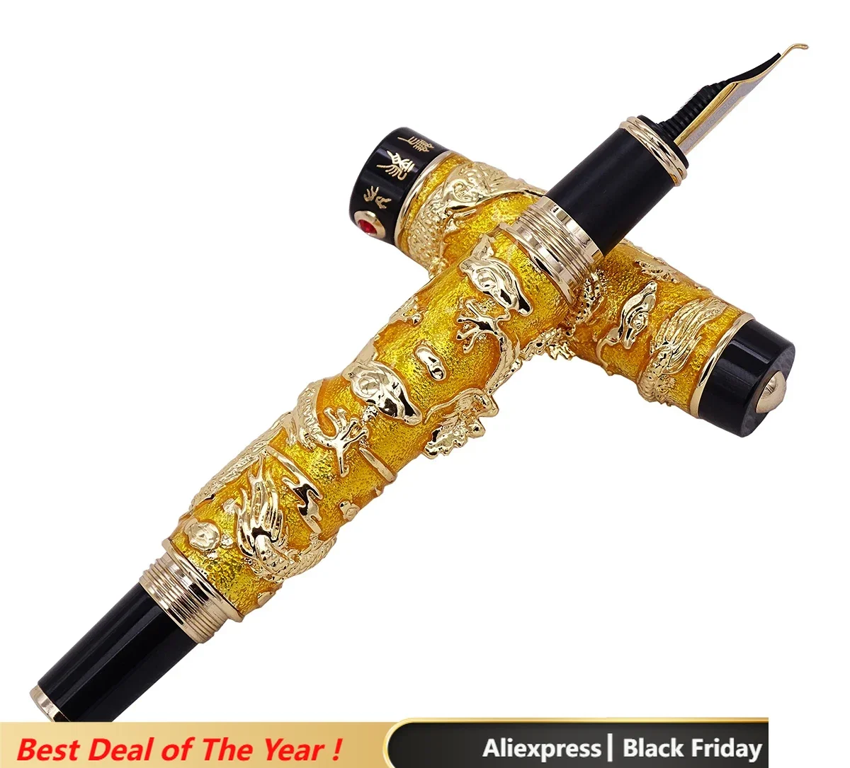 Jinhao Golden Cloisonne Double Dragon Calligraphy Fountain Pen Fude Bent Nib Advanced Craft Writing Gift Pen for Business Office