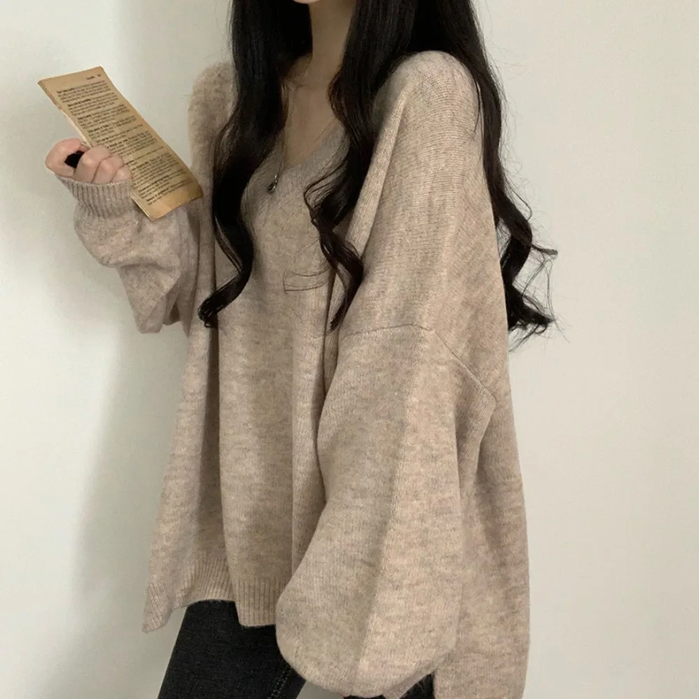 

Стильный осенне-зимний вязаный свитер средней длины свободного кроя с V-образным вырезом, рукавами-фонариками, удобный повседневный женский модный свитер