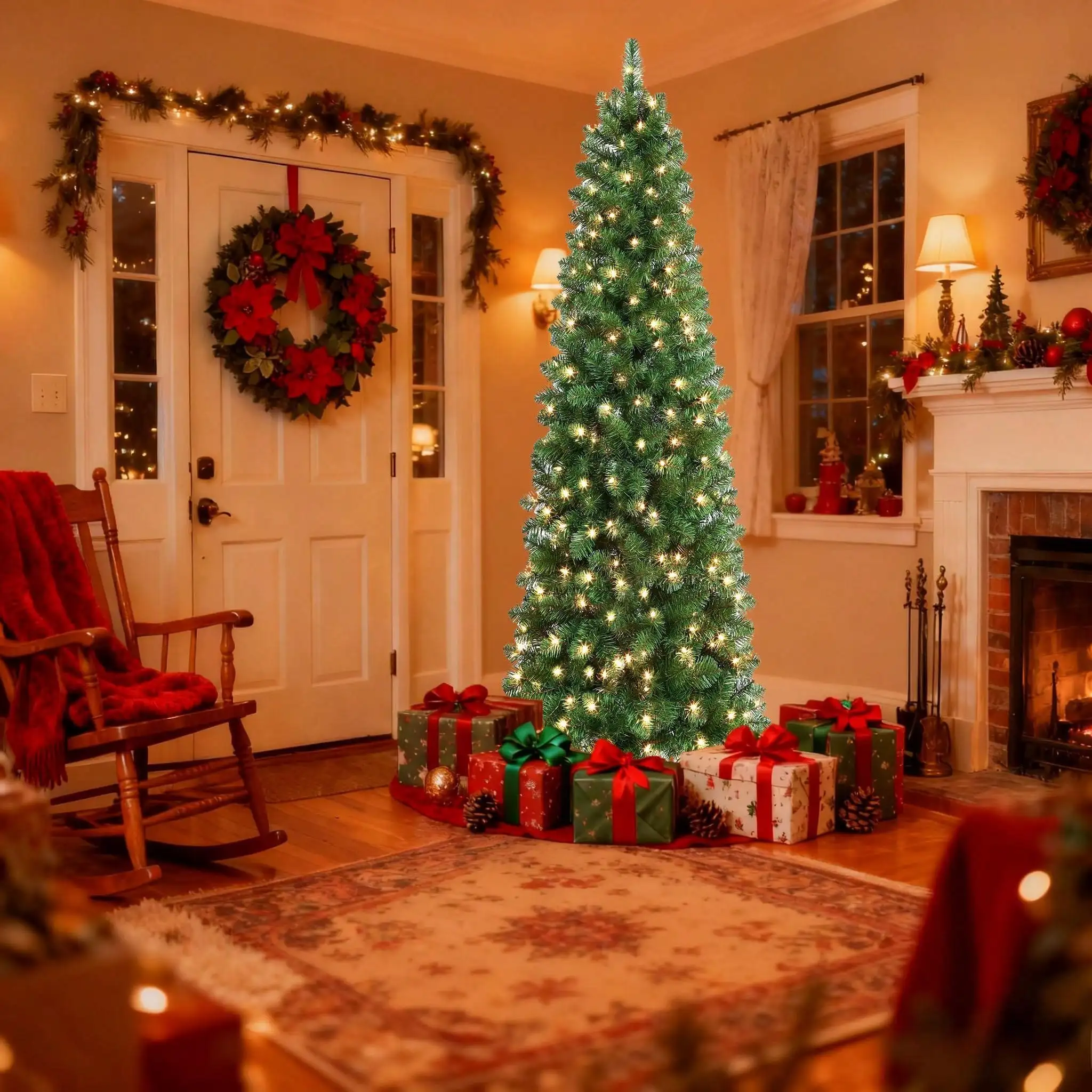 

SHARECONN 4-9ft Artificial Hinged Slim Pencil Prelit Christmas Tree With 100-450 Warm White Lights And 257-1000 Branch Tips,